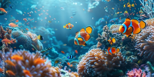Vivid underwater coral reef scene with tropical discus fish in natural habitat