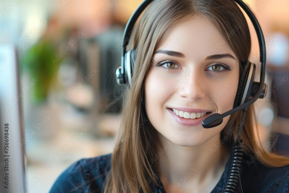Engaging customer support representative with a friendly smile, providing quality service in a call center - AI generated Engaging customer support representative with a friendly smile, providing quality service in a call center - AI generated