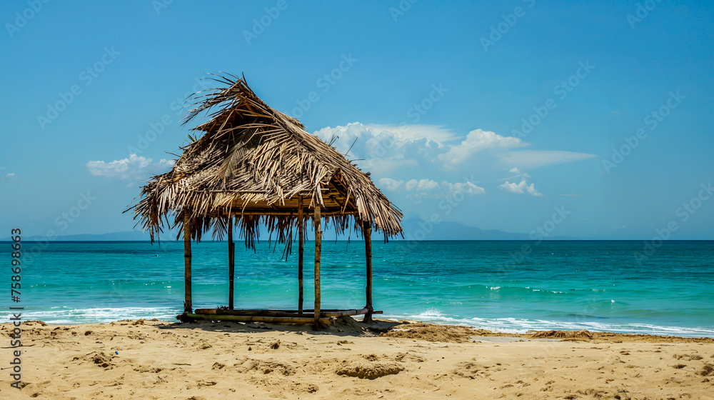 une petite paillotte en bois et feuilles de palme sur une plage déserte