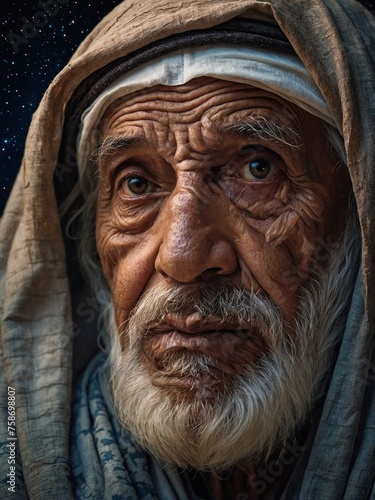 An old man in a country in the middle east. The face of the old man in local clothes.wrinkled face.