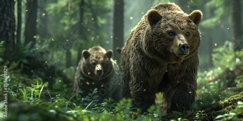 Majestic brown bears gathered in a forest clearing under the soft morning light