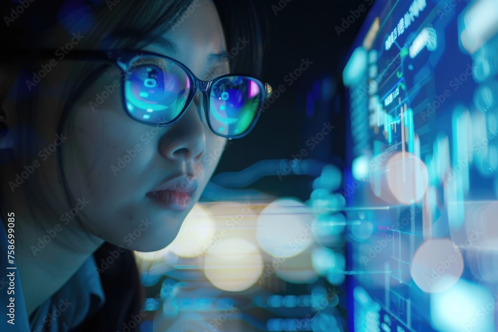 Female tech expert immersed in server diagnostics, reflections of data lights on glasses in a network room - AI generated
