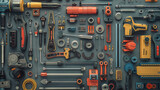 A meticulously organized display of various tools and hardware, including power tools, hand tools, and mechanical parts, on a grey background.
