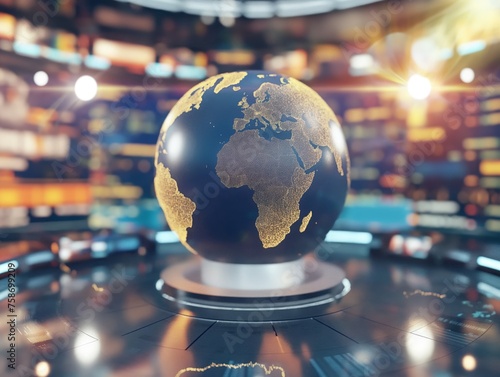 Illuminated globe on futuristic news studio set symbolizing worldwide information dissemination