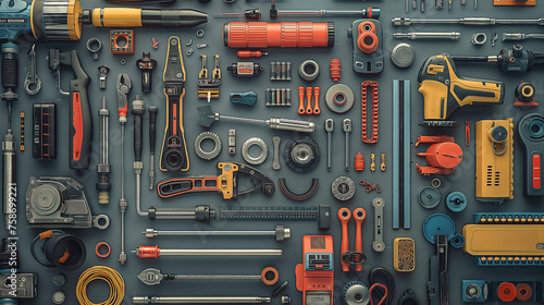 A meticulously organized display of various tools and hardware, including power tools, hand tools, and mechanical parts, on a grey background.
 photo