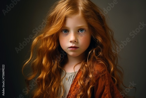 A closeup portrait of a cute little girl with long red hair.