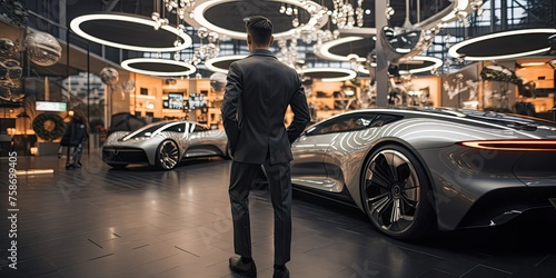 Amidst the sleek displays of the car showroom, a young businessman finalizes the purchase of his coveted sports car. photo