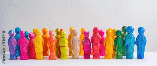 Conceptual image of multicolored figurines in a row symbolizing diversity and social or corporate unity - AI generated