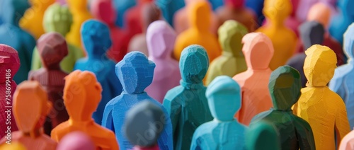 Conceptual image of multicolored figurines in a row symbolizing diversity and social or corporate unity - AI generated photo