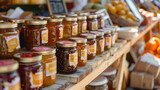 This photo features a selection of homemade jams and preserves on a wooden shelf at a farmer’s market