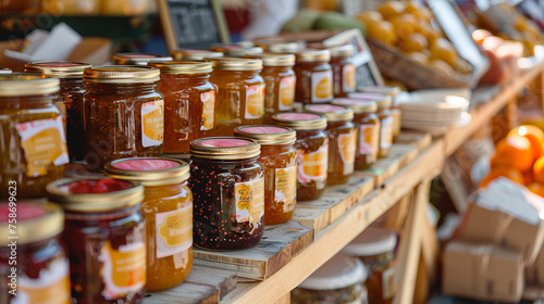 This photo features a selection of homemade jams and preserves on a wooden shelf at a farmer’s market photo