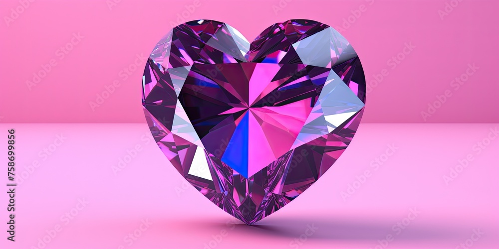 Luxurious heart-shaped gemstones adorned with diamonds and crystals shimmer in brilliant pink and purple hues within the emptiness.