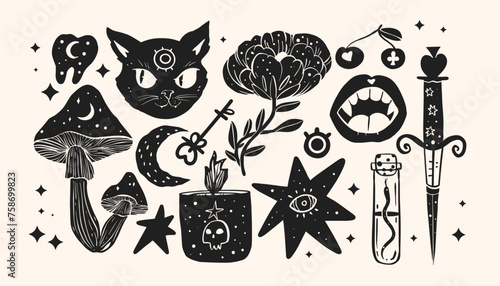Esoteric things in linocut style. Hand drawn vector illustration.