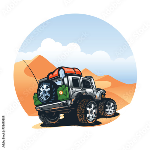 4x4 SUV in desert off road with obstacles.