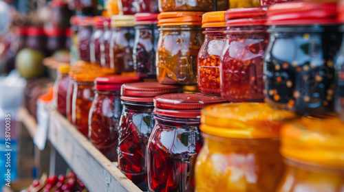 Neatly arranged mason jars filled with preserved fruits and vegetables on a market shelf