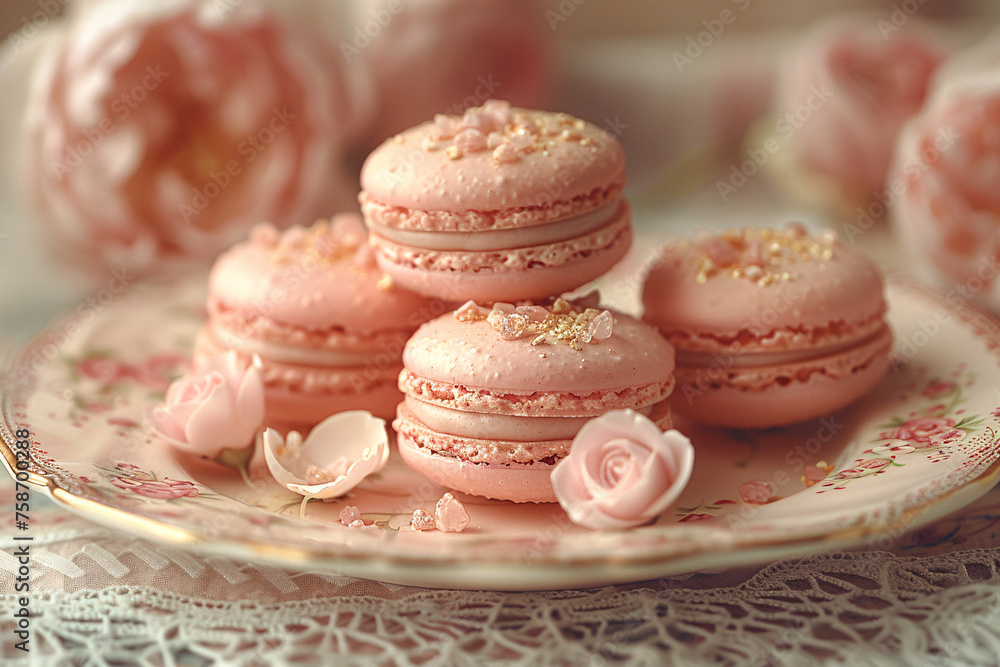 French macarons stack lined up in a neat row with blur background