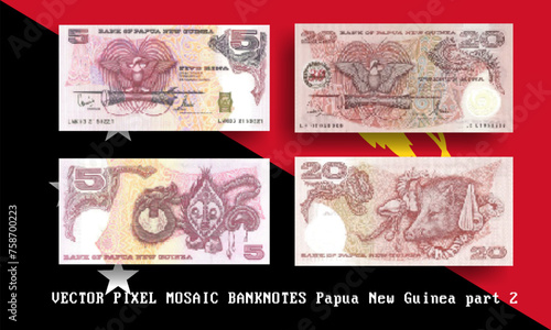 Vector set pixel mosaic banknotes of Papua New Guinea. Collection notes in denominations of 5 and 20 kina. Play money or flyers. Obverse and reverse. Part 2