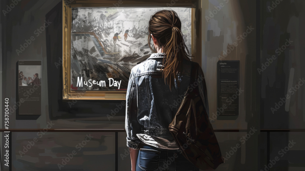 International Museum day illustration with a person looking at a painting with written Museum Day to celebrate this world day International Museum day illustration with a person looking at a painting with written Museum Day to celebrate this world day