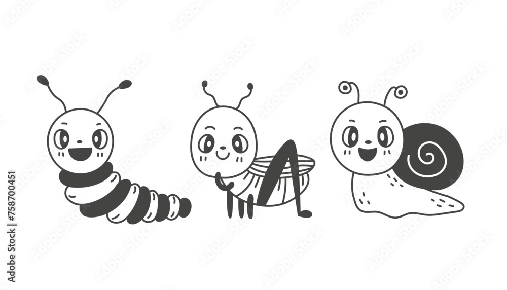 Obraz premium Cute outline insects vector set in retro cartoon style. Happy bugs doodle design. Caterpillar Grasshopper Snail hand drawn characters for kids baby children