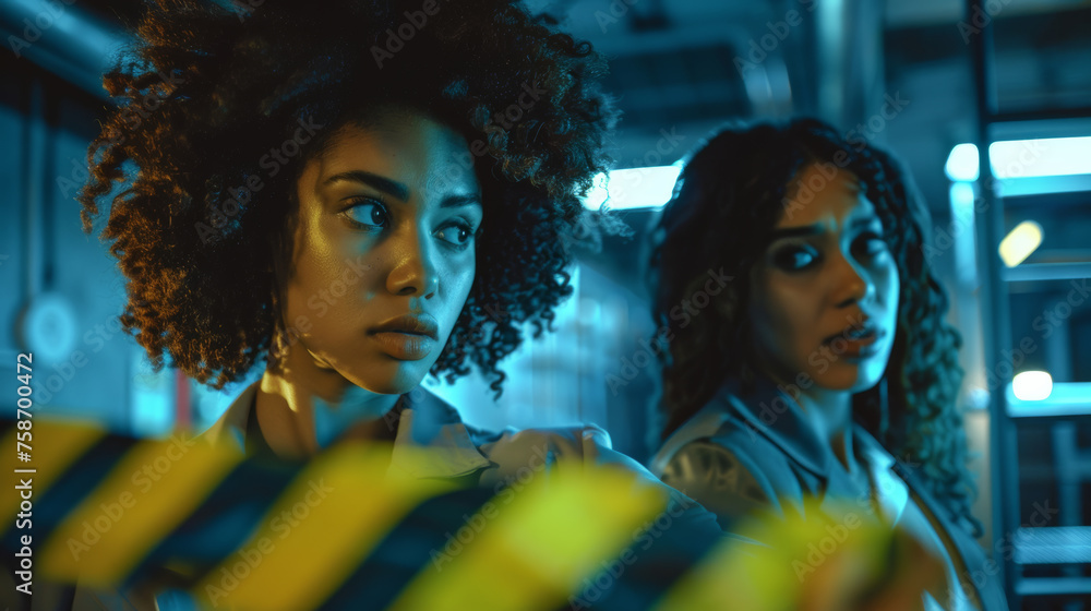 Obraz premium Portrait of two modern black afro american female detectives looking for clues on a dark crime scene