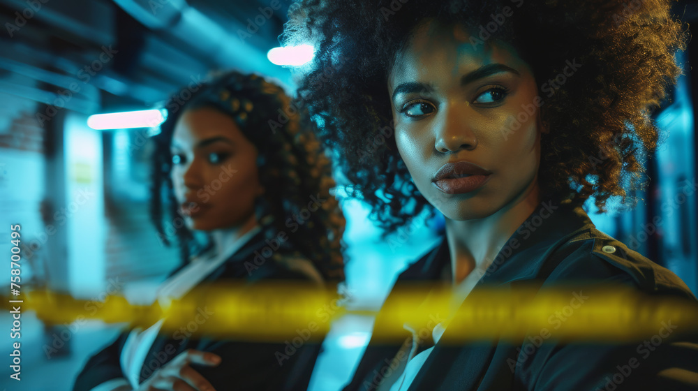 Portrait of two modern black afro american female detectives looking for clues on a dark crime scene Portrait of two modern black afro american female detectives looking for clues on a dark crime scene