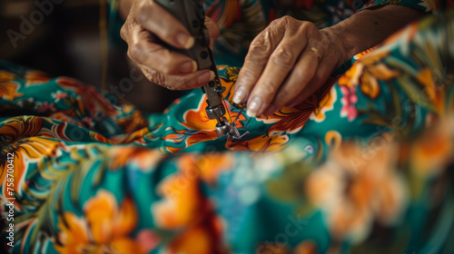 Elderly tailor's hands cutting and sewing a bright floral fabric with scissors and sewing machine photo