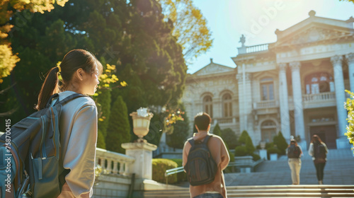 Portrait of Asian Chinese students studying abroad on a american or european campus