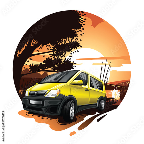 Bus minivan on fishing by the lake at sunset.