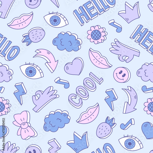 Abstract y2k seamless pattern with badges doodles and text. Vintage pastel colored repeat vector illustration with cool isometric icons fashion symbols inscription. Cartoon background.