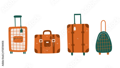 Suitcase and cabin luggage vector set. Modern collection of hand drawn baggage with handle and wheels. Isolated  illustrations on white background. Travaling and transportation concept design.