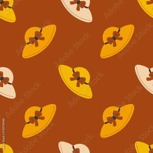 Vintage woman hats seamless pattern. Modern headdress brown background in retro style with falling ladys headwear elements with bow and ribbons. Vector illustration