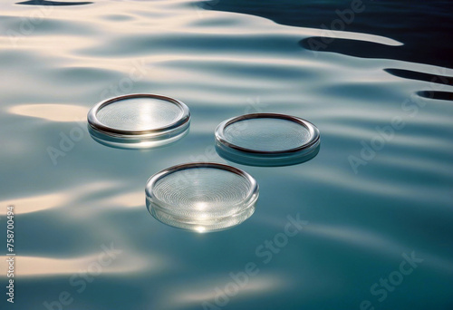 empty clear glass circle podiums on light blue transparent calm water texture with waves 