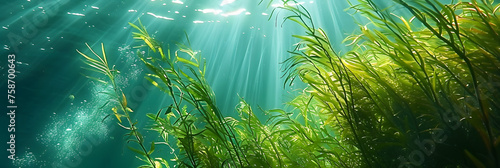 Underwater world  seaweeds and water plants waving in idyllic clean waters.