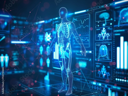 An illustrated human figure with highlighted skeletal system stands amidst futuristic interface displaying medical data. © cherezoff