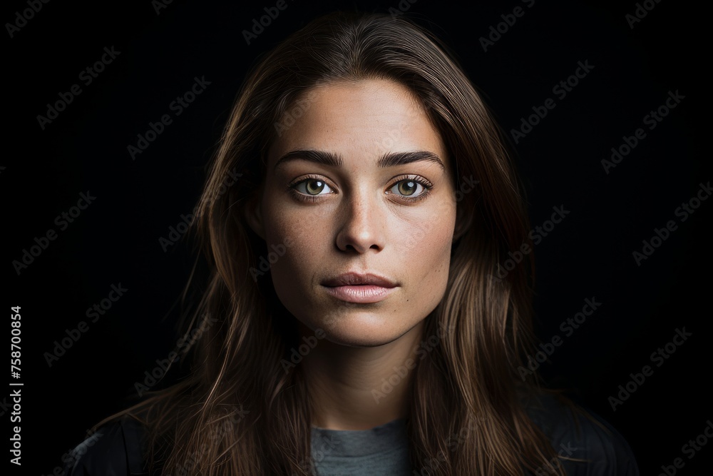 Portrait of beautiful young woman looking at camera on black background. Portrait of beautiful young woman looking at camera on black background.