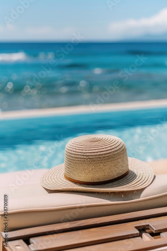 Summer hat on sun lounger near swimming pool. Vacation concept