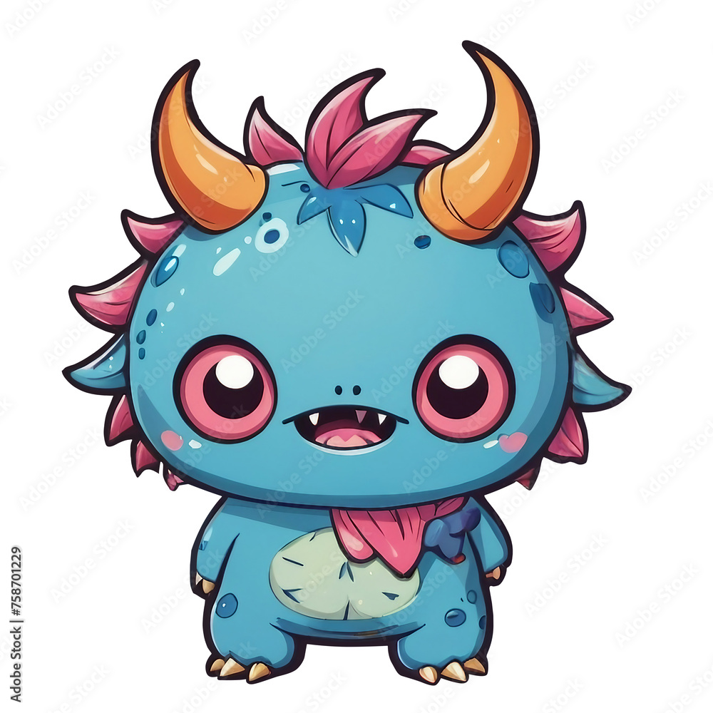 a very cute little blue monster with horns, he is greeting you warmly,