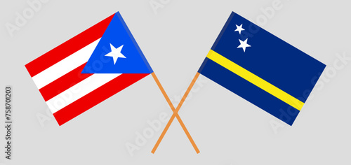 Crossed flags of Puerto Rico and Country of Curacao. Official colors. Correct proportion