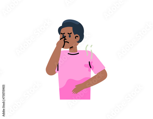 Illustration of a man whose armpits are wet. The armpits smell bad. squeezing nose so he's not smelling an unpleasant smell. flat or cartoon style illustration design. graphic elements. Vector