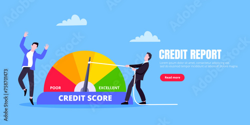 Man pushes credit score arrow gauge speedometer indicator with color levels. Measurement from poor to excellent rating for credit or mortgage loans concept flat style design vector illustration.