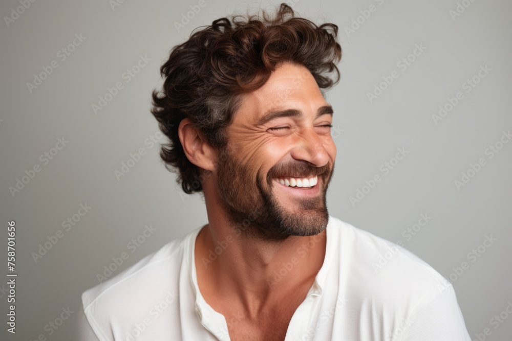 Portrait of a handsome young man laughing while standing against grey background Portrait of a handsome young man laughing while standing against grey background