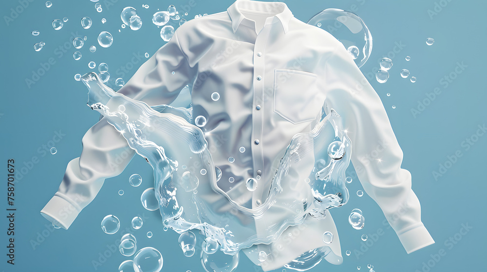 Obraz premium cleaning clothes washing machine or detergent liquid commercial advertisement style with floating shirt and dress underwater with bubbles and wet splashes laundry work as banner design with copy space