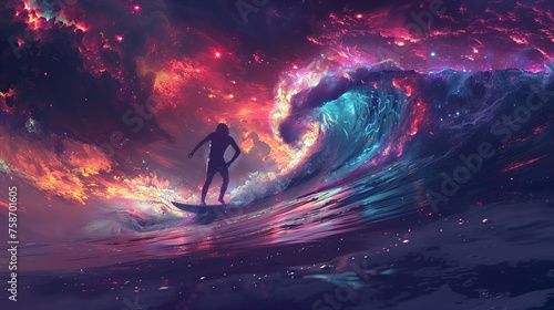 surfer riding on an enormous wave made out of colorful galaxies, dreamy, vibrant, digital art style © Charisma Art Studio