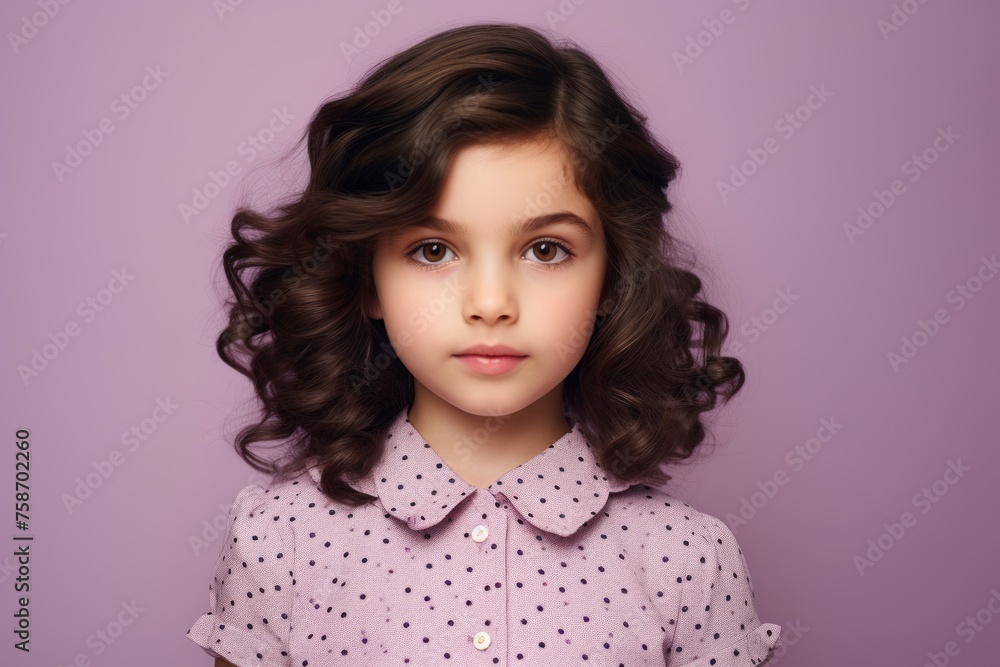 Portrait of cute little girl with long curly hair on purple background Portrait of cute little girl with long curly hair on purple background