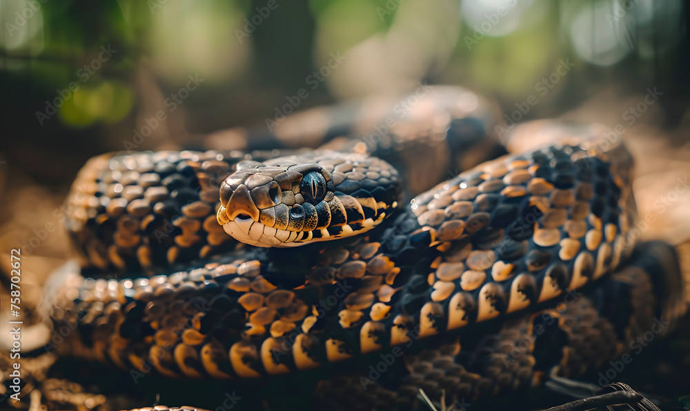 A snake is coiled up on the ground, Generative AI A snake is coiled up on the ground, Generative AI