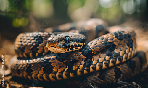 A snake is coiled up on the ground, Generative AI