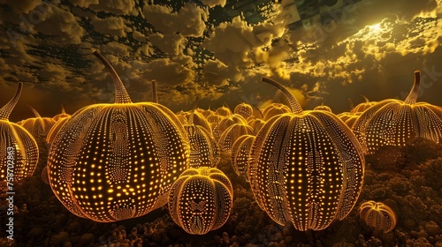 Illuminated fantasy pumpkins under golden sky, Perfect for Halloween and Magical Themes