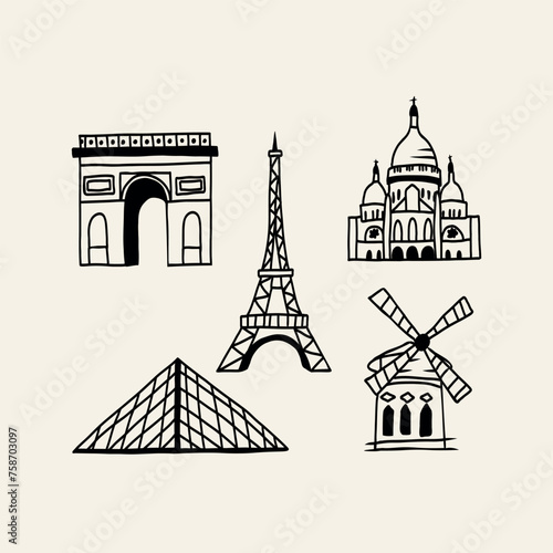 Line art doodle Paris sightseeings