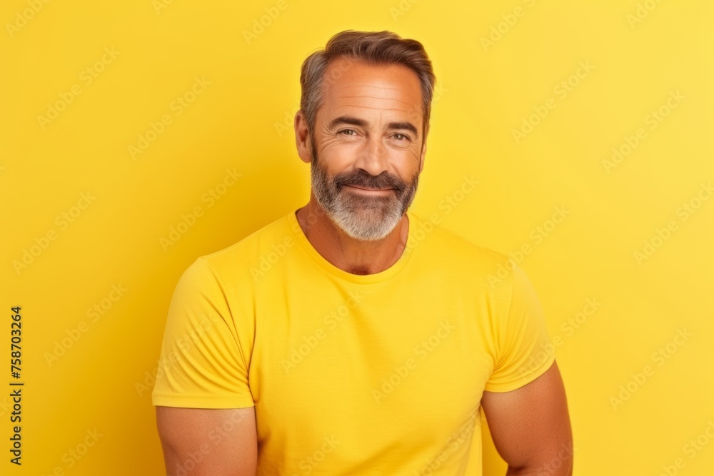 Portrait of handsome mature man in yellow t-shirt on yellow background. Portrait of handsome mature man in yellow t-shirt on yellow background.