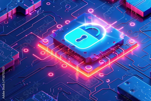 Advanced cybersecurity network concept with glowing padlock icons on a digital circuit board - AI generated